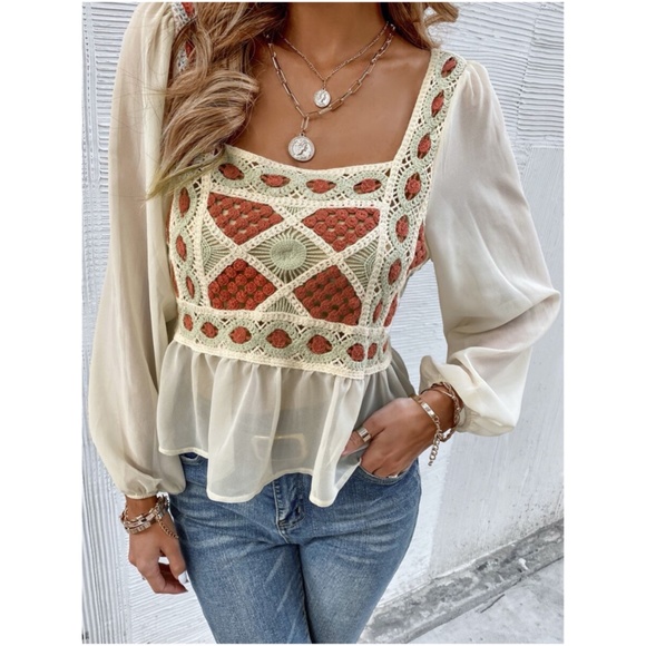 Tops - Crochet beige rust babydoll long sleeve top boho